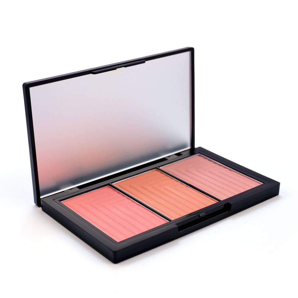 Haya Beauty halal makeup face blush palette with three different shades of blush inside, presented in a compact case with a mirror on the top.