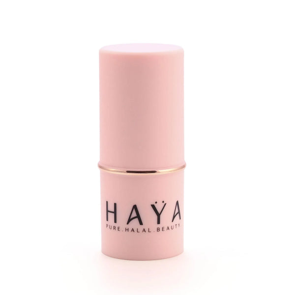 Blush Stick with gold cap on a white background, featuring the brand 'HAYA'.