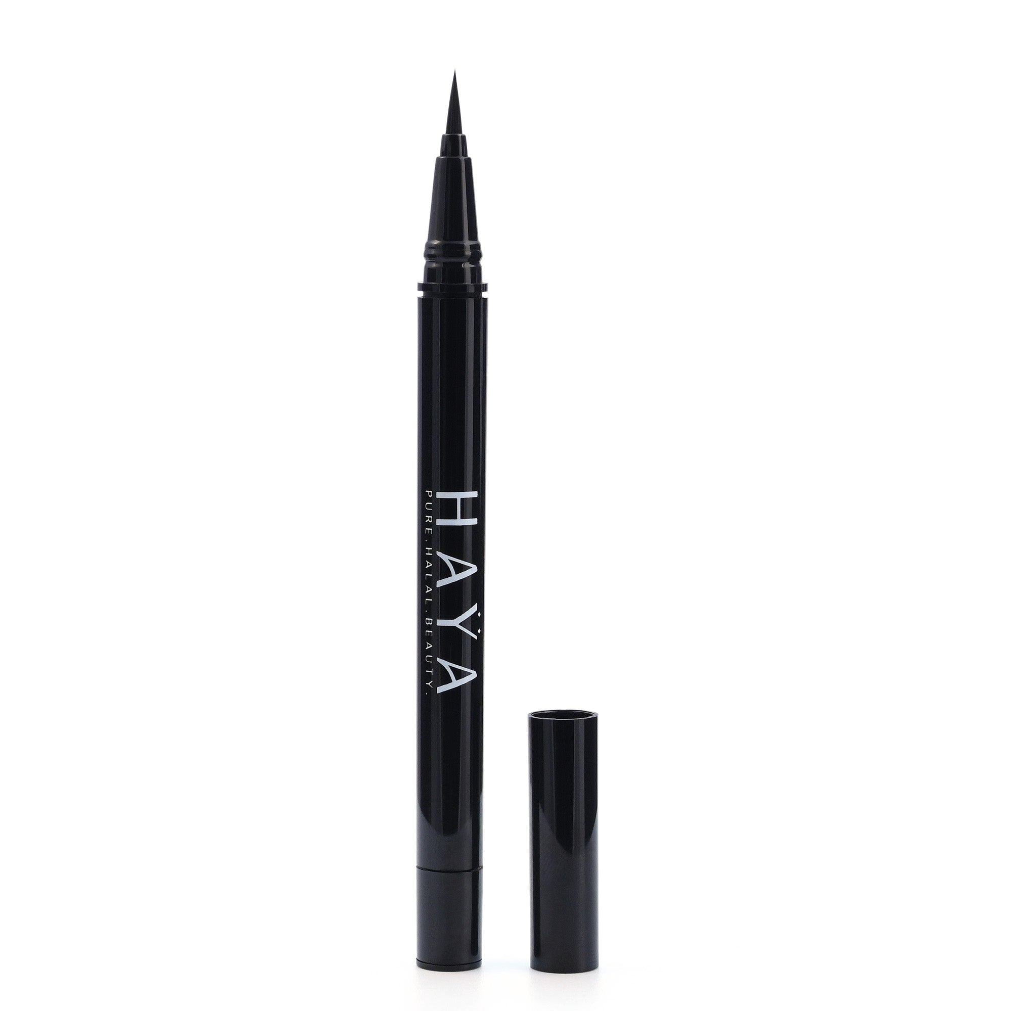 A black eyeliner pen with the brand name 'HAYA' printed on the side, with its cap removed, isolated on a white background.