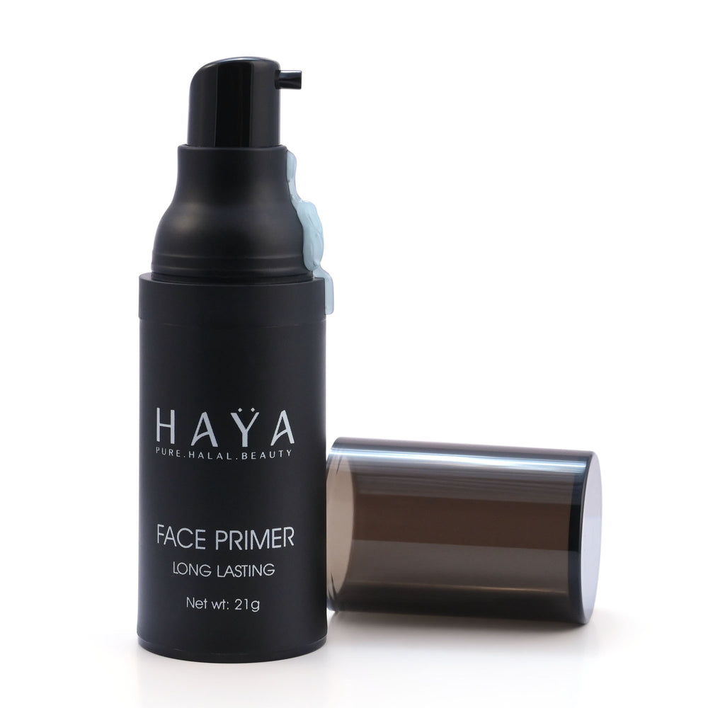 A bottle of HAYA brand face primer with a pump dispenser, labeled as long lasting, positioned next to its cap.